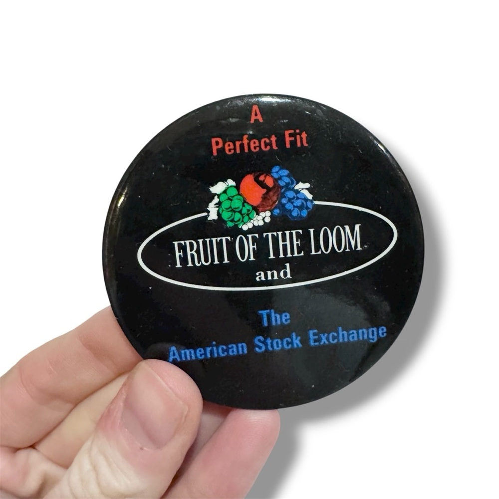 Vintage Fruit of the Loom Black Button Pin with Colorful Logo